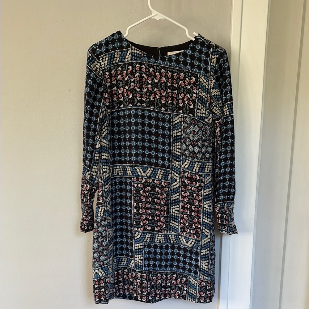 LOFT Navy Blue Mixed Print Long Sleeve Shift Dress
